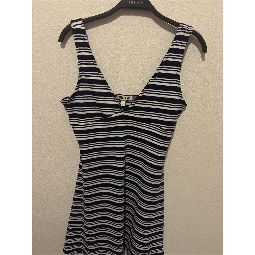 Derek Heart Basic Dress Size L White and Navy Stripes Stretch